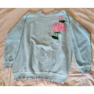 Unbranded Mint Green Pink Rose Appliqué Sweater – Women’s XL – Y2K Cottagecore